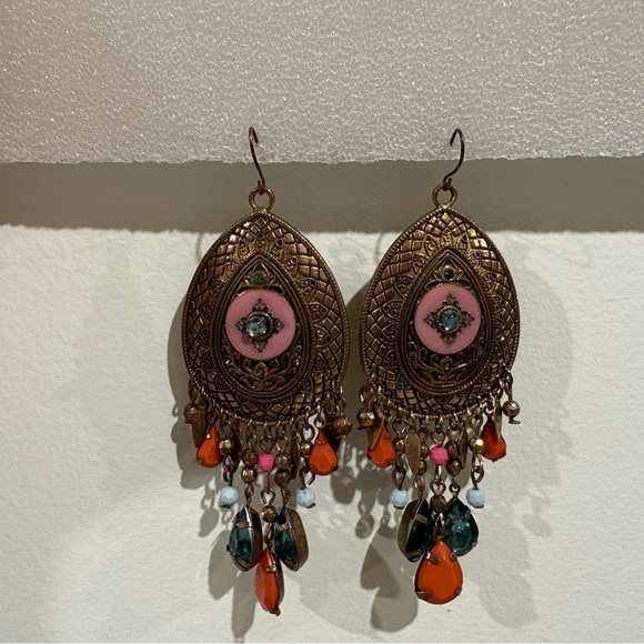 VTG Dangle Earrings Southwestern Teardrop Drop Stones Multicolor Metal Chains - Picture 4 of 4